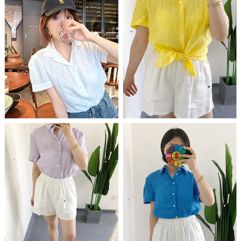 发顺丰  买手店 100亚麻polo短袖衬衫女白色通勤衬衣亮黄色