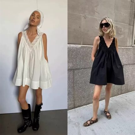 买手店Helsa 澳洲小众V领无袖蕾丝花边褶皱迷你mini连衣裙A字短裙
