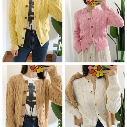 买手店 女刺绣驼色绞花90羊毛10羊绒针织开衫白色麻花上衣