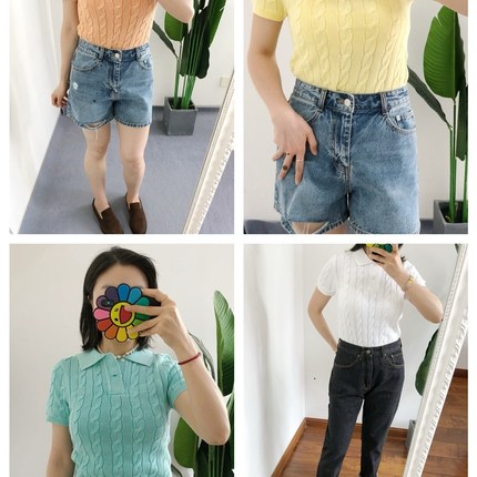 折扣 买手店 女修身款 做旧磨白纯棉绞花上衣短袖针织衫