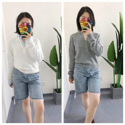 买手店blue系列 文淇十二粒扣V领羊毛针织套头衫