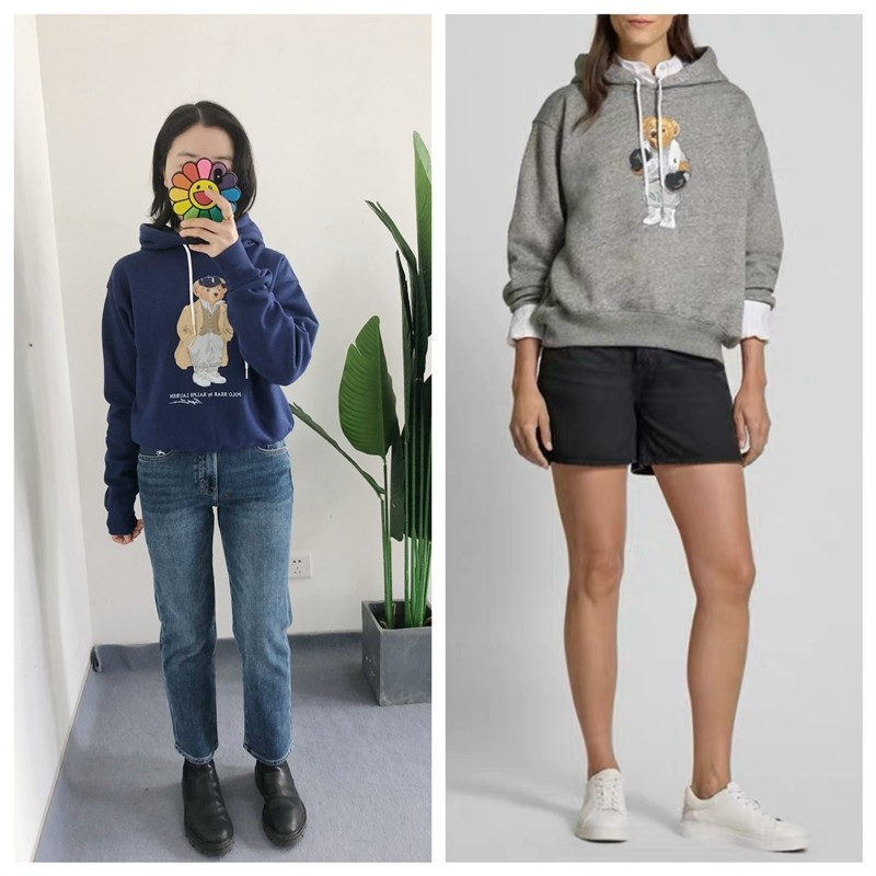 买手店 女款polo小熊刺绣印花连帽抽绳加绒卫衣套头 时髦百搭