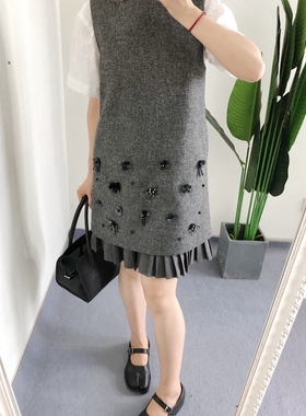买手店selfwh* 深灰色手工钉珠花朵羊毛背心裙百褶裙摆连衣裙