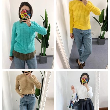 买手店 女款绞花圆领棉针织套头衫麻花毛衣