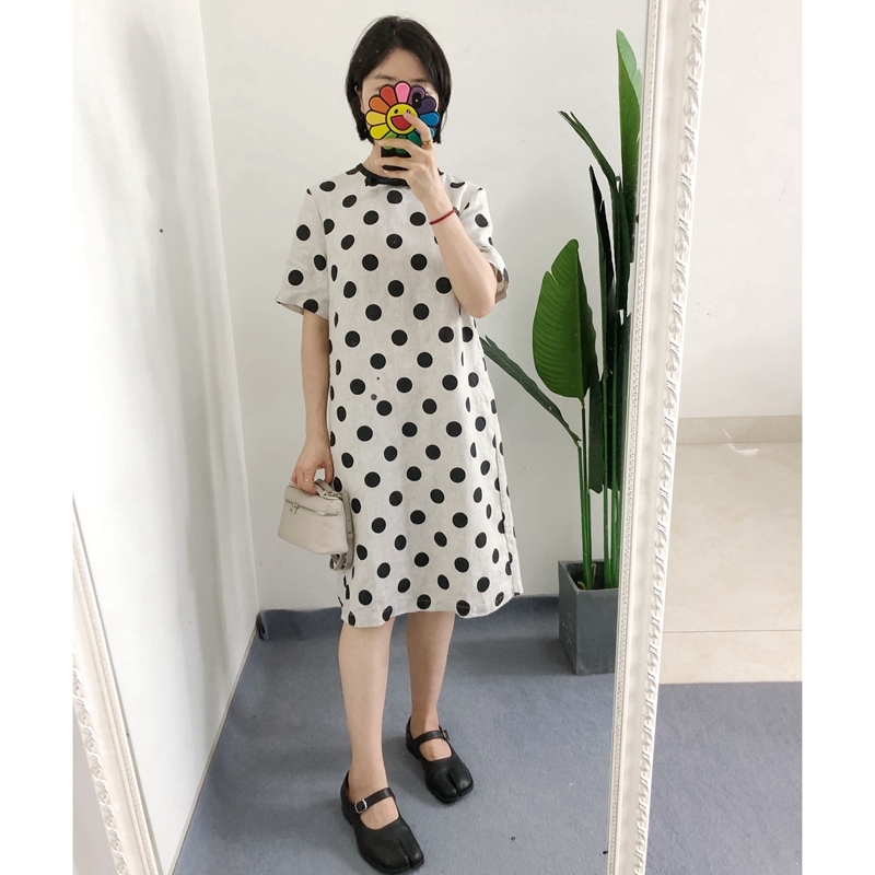 发SF 买手店ic 100斜纹亚麻 优雅波点印花短袖连衣裙