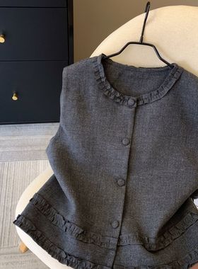 灰色马甲秋季新款2025耳边背心设计高级上衣坎肩马甲短款外套洋气