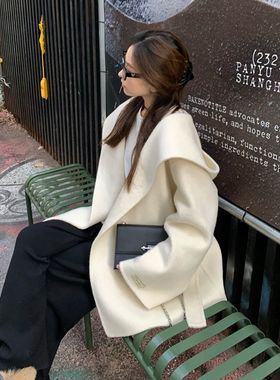 2025秋冬斗篷双面绒毛呢外套女高档次宽松连帽小个子短款呢子大衣