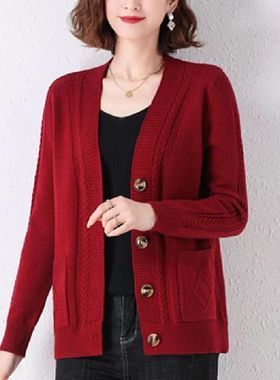 针织打底衫2025新款毛衣女宽松慵懒风中年纯色洋气鸡心领外套开衫