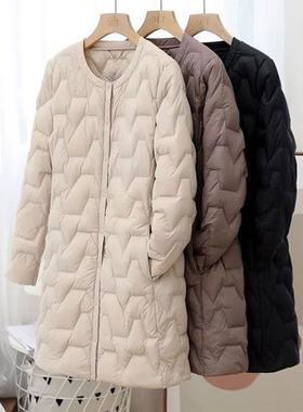 2025秋冬新款轻薄羽绒服女中长款无领内胆内搭大码圆领修身外套潮