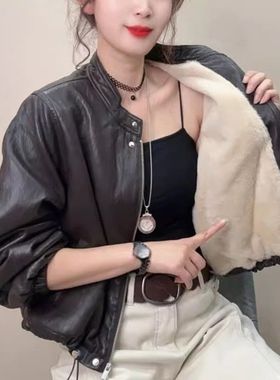 2025秋冬季新款小个子立领抽绳pu皮加绒保暖短款皮衣外套气质夹克