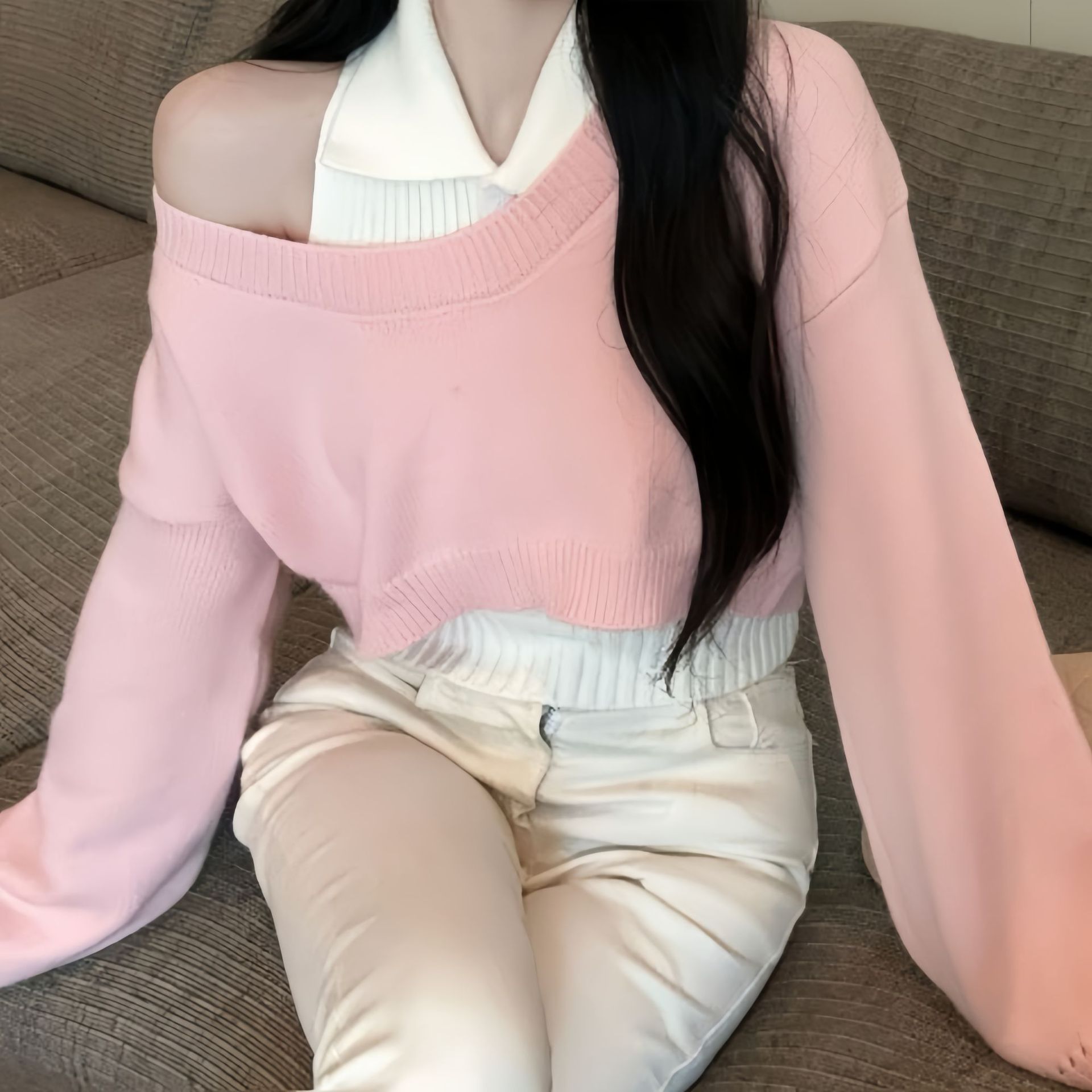 秋冬毛衣套装女复古短款U领套头毛针织衫