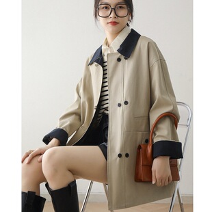 2026年新款韩版春秋季短款风衣女高级感撞色夹棉轻薄外套宽松上衣