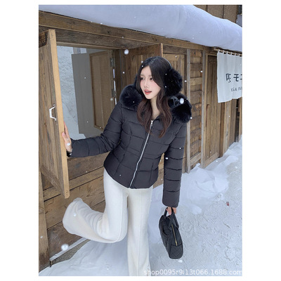 短款收腰羽绒棉服女冬季新款修身显瘦连帽白色毛领小个子棉衣