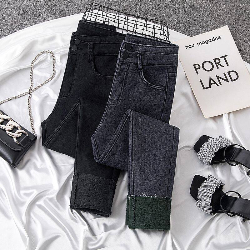 小脚牛仔裤女高腰秋冬季加绒加厚新款弹力修身显瘦九分紧身铅笔裤