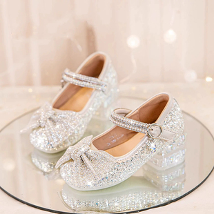 女宝小皮鞋 真皮女童鞋 儿童软底水晶鞋 2025春秋新款 爱莎高跟公主鞋