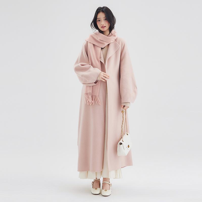 小鹿的泡芙 昭和日剧冬日 24冬新款山羊绒中长款粉色灯笼袖大衣