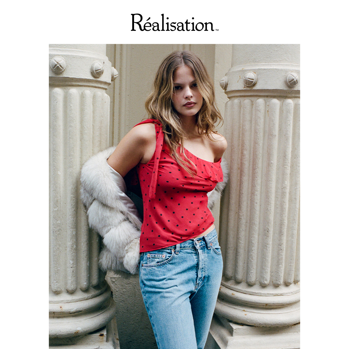 RealisationPar 红色波点真丝单肩不对称背心上衣 The Samantha