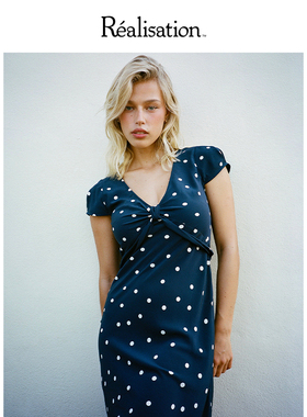 RealisationPar蓝色波点V领真丝斜裁中长裙 The Marion