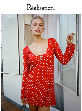 RealisationPar 连衣裙红色波点长袖真丝斜裁A字短裙 The Serena