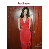 The RealisationPar 连衣裙红色真丝V领挂脖露背长裙 Simone
