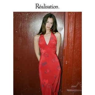 Simone The RealisationPar 连衣裙红色真丝V领挂脖露背长裙