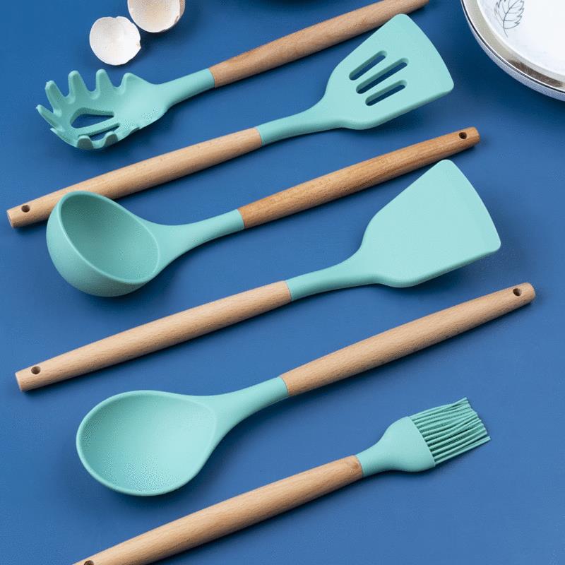 木柄厨具硅胶厨具12件套 硅胶厨具套装不粘锅硅胶铲汤勺礼品套装