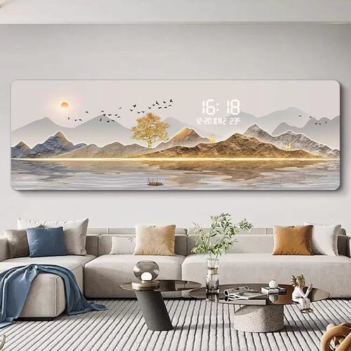 高级感山水画客厅大白墙沙发背景墙装饰画led壁画发光电子钟挂画