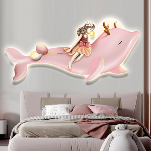 儿童房卧室床头装饰画女孩挂画公主房间LED气氛灯画海豚少年壁画