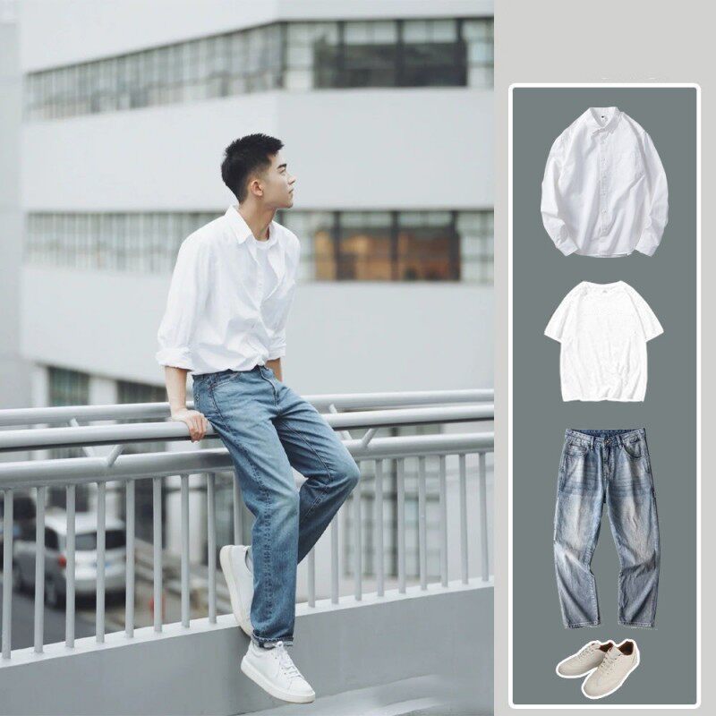 春季穿搭男阳光干净白衬衫搭配夏时尚套装