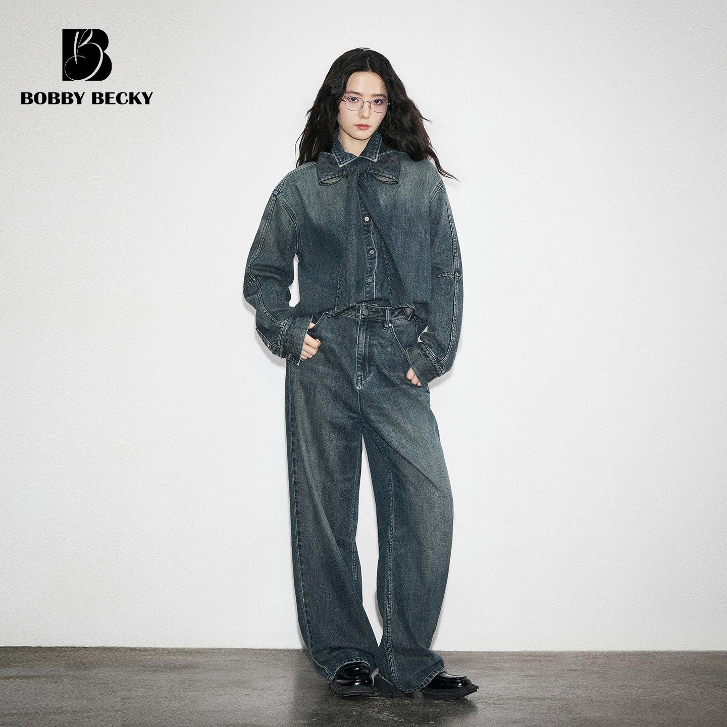 BobbyBecky复古中古风蝴蝶结水洗牛仔系带衬衫纯棉直筒牛仔裤图片