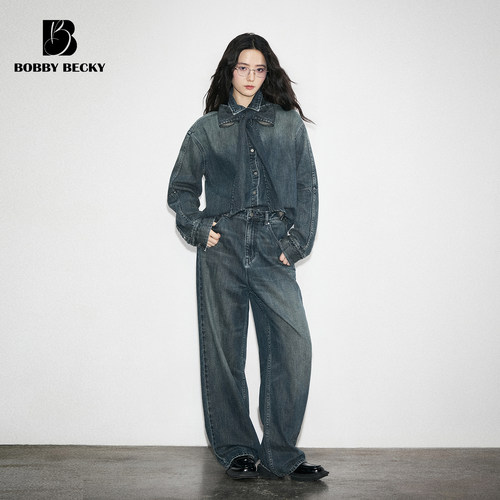 BobbyBecky复古中古风蝴蝶结水洗牛仔系带衬衫纯棉直筒牛仔裤