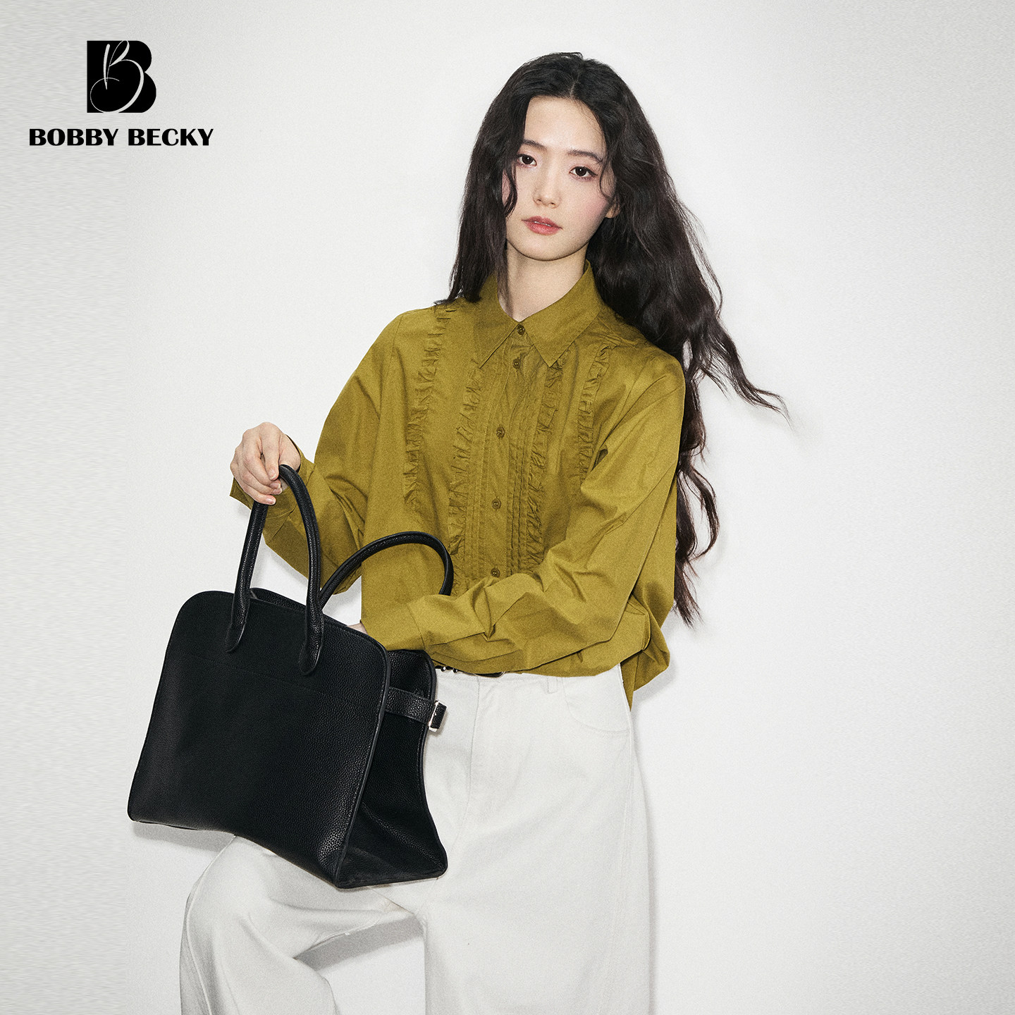 BobbyBecky复古经典法式设计双层花边收褶翻领纯棉衬衫图片