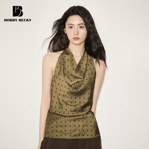 BobbyBecky复古慵懒波点垂坠荡领挂脖缎面收腰无袖吊带上衣
