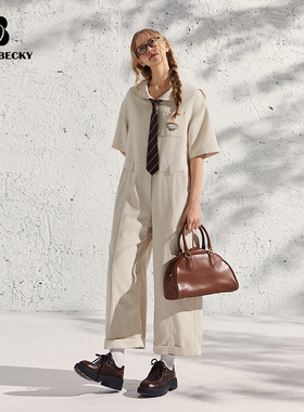 Bobbybecky日系少年感海军领撞色印花天丝缎麻宽松连体裤