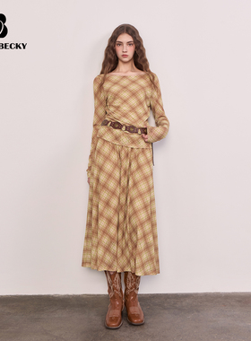 BobbyBecky经典复古格纹船领高弹网纱长袖修身T恤氛围A字半裙