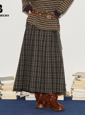 Bobbybecky复古文艺时尚百搭森系绿棕格纹A字大裙摆显瘦百褶裙