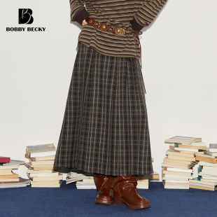 Bobbybecky复古文艺时尚 百搭森系绿棕格纹A字大裙摆显瘦百褶裙