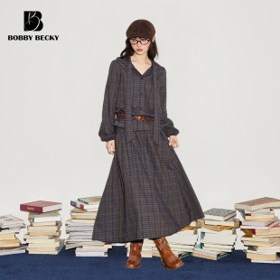 Bobbybecky复古格纹优雅泡泡袖飘带衬衫高质感大摆长半裙秋款套装