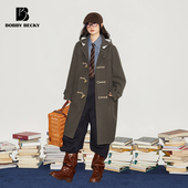 Bobbybecky复古学院经典 牛角扣H型连帽设计休闲百搭呢子大衣