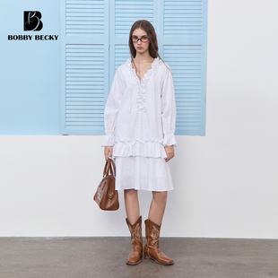 BobbyBecky法式度假纯棉花边V领提花H型宽松连衣裙