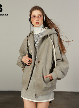 Bobbybecky美式复古休闲连帽厚卫衣宽松灰色拉链开衫夹绒上衣两穿