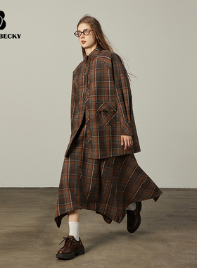 Bobbybecky美拉德复古格纹衬衣不规则长半裙百搭学院薄风衣秋季新