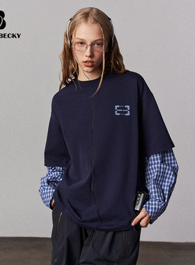 Bobbybecky美式复古慵懒oversize撞色拼接格子刺绣纯棉假两件卫衣