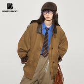 Bobbybecky美式 复古经典 麂皮外套重工百搭撞色翻领宽松夹克