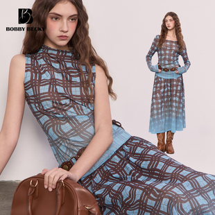 BobbyBecky复古渐变经典格纹修身背心A字半裙百搭船领T恤