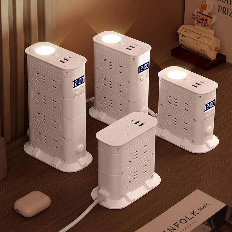 公正午纯铜立式插座USB夜灯时钟接线板办公家用一转多位智能插排