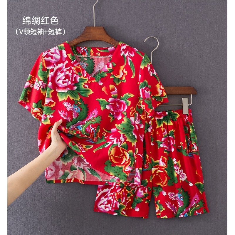 东北风大花布衣服套装网红夏天男女棉绸T恤短裤姐妹闺蜜装舞蹈服