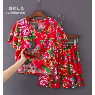 东北风大花布衣服套装网红夏天男女棉绸T恤短裤姐妹闺蜜装舞蹈服