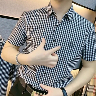 休闲商务衬衫 高端帅气修身 男士 时尚 格子衬衣 欧货潮牌短袖 2026新款