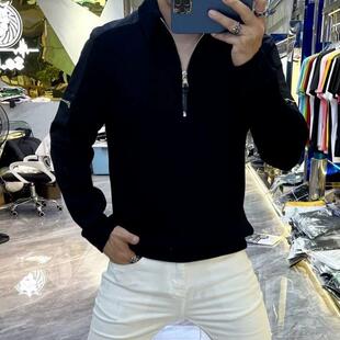 欧洲站潮牌时尚拼接长袖翻领卫衣男士高端休闲百搭半拉链套头上衣